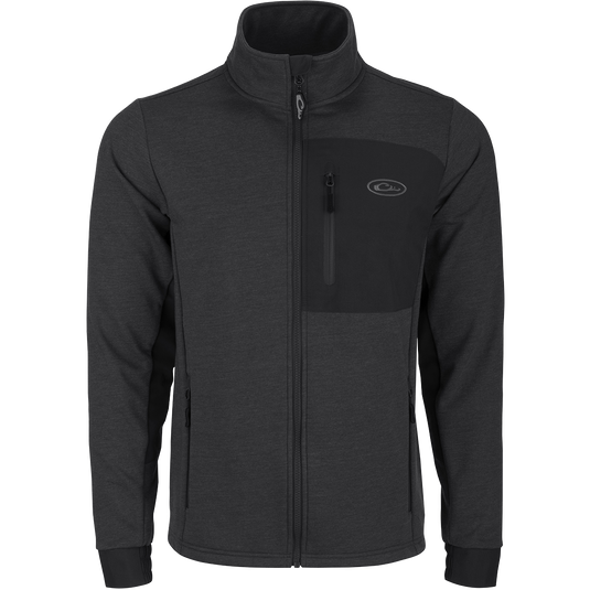 Hybrid Windproof Jacket with welded chest pocket, zippered lower pockets, and fleece backing, ideal for cool fall days and outdoor adventures.