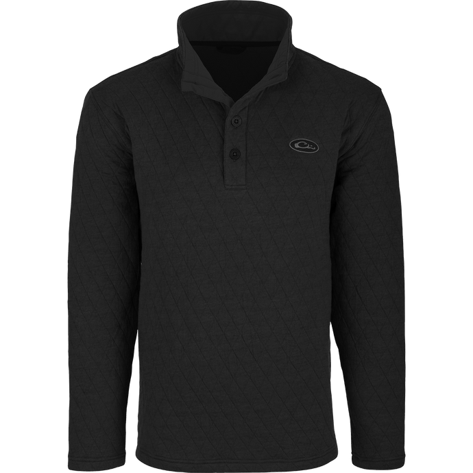 A black Delta Quilted Sweatshirt with a button front, perfect for active outdoorsmen in cooler weather. Features a 100% polyester fleece lining, 100% cotton shell fabric, and square check fleece backing. Ideal for checking trail cams, setting up food plots, and other cool day activities.