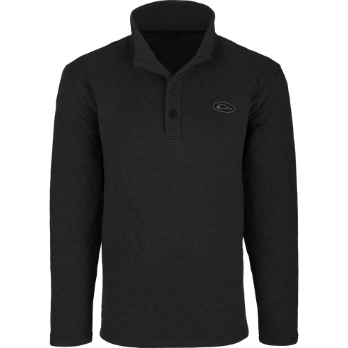 A black Delta Quilted Sweatshirt with a button front, perfect for active outdoorsmen in cooler weather. Features a 100% polyester fleece lining, 100% cotton shell fabric, and square check fleece backing. Ideal for checking trail cams, setting up food plots, and other cool day activities.