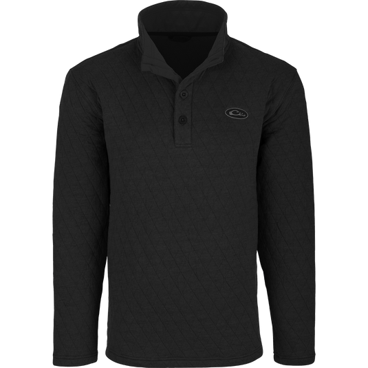 A black Delta Quilted Sweatshirt with a button front, perfect for active outdoorsmen in cooler weather. Features a 100% polyester fleece lining, 100% cotton shell fabric, and square check fleece backing. Ideal for checking trail cams, setting up food plots, and other cool day activities.