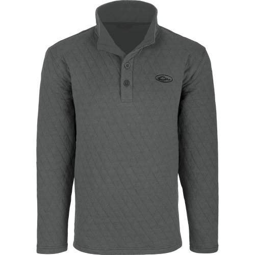 A grey long sleeved Delta Quilted Sweatshirt with button front, perfect for active outdoorsmen in cooler weather. Polyester fleece lining and cotton shell fabric provide warmth and comfort. Ideal for checking trail cams, setting up food plots, and other cool day activities.