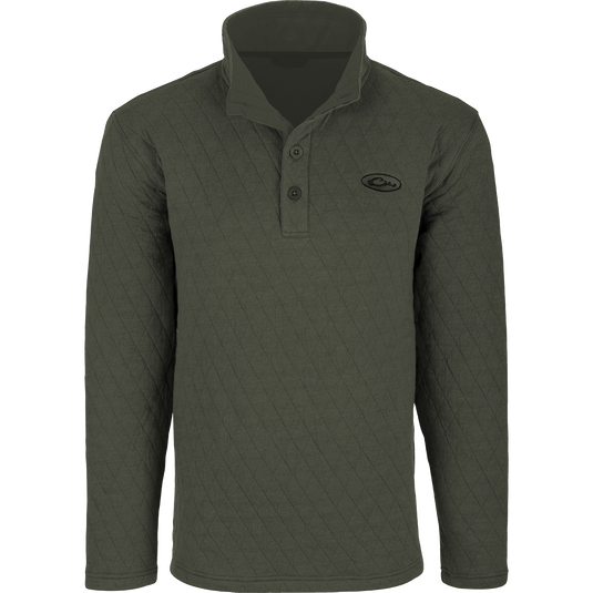 A Delta Quilted Sweatshirt, a long-sleeved green shirt with a button front. Ideal for outdoor activities in cooler weather, it features a fleece lining and cotton shell fabric. Perfect for checking trail cams or setting up a food plot.