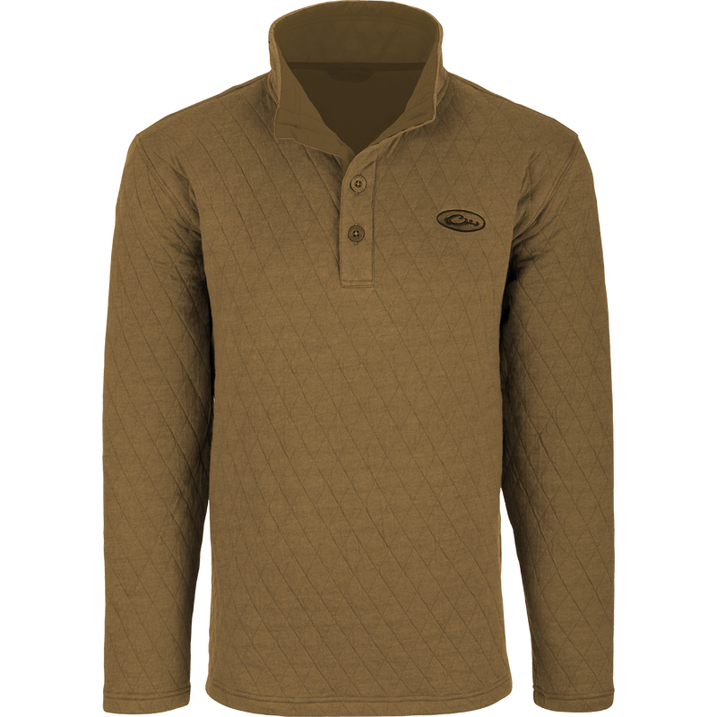 A brown long-sleeved Delta Quilted Sweatshirt with button front, perfect for outdoor activities in cooler weather. Features 4-way stretch and square check fleece backing.