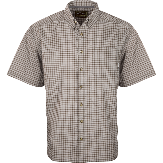 Featherlite Check Shirt S/S: Lightweight plaid shirt with logo detail, hidden button downs, and a left chest pocket. Perfect for hot summer days.