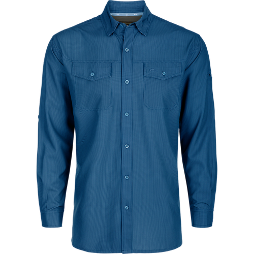 A lightweight, wrinkle-resistant Traveler's Check Shirt L/S with four-way stretch for freedom of movement. Moisture-wicking and breathable, perfect for the man on the go. Two chest pockets with button flaps.