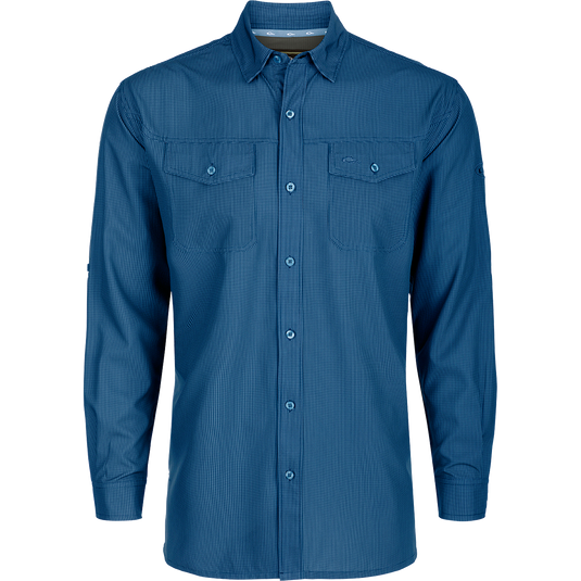 A lightweight, wrinkle-resistant Traveler's Check Shirt L/S with four-way stretch for freedom of movement. Moisture-wicking and breathable, perfect for the man on the go. Two chest pockets with button flaps.