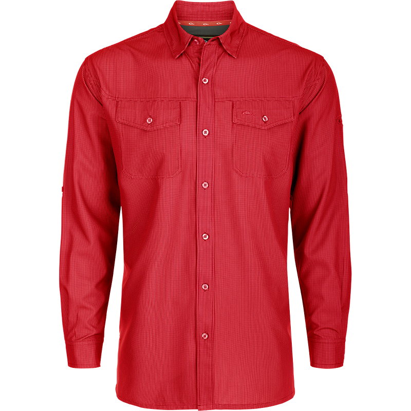 A lightweight, wrinkle-resistant Traveler's Check Shirt L/S with moisture-wicking fabric and two chest pockets with button flaps. Ideal for the man on the go, offering freedom of movement and ultimate comfort.