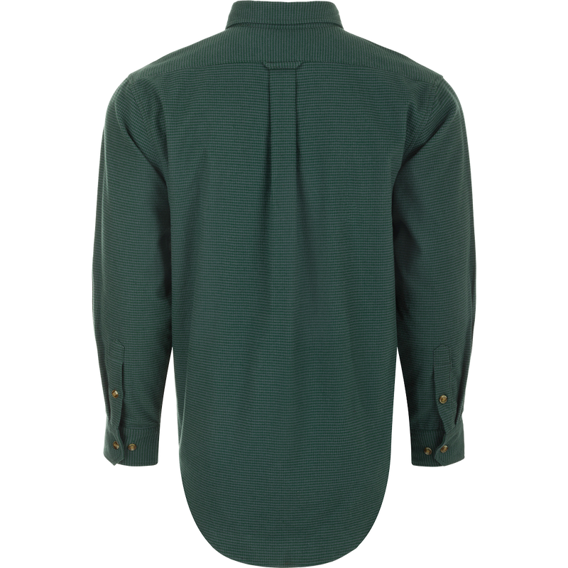 A green houndstooth shirt with buttons, perfect for cool weather. Features a button-down collar, back box pleat, and chest pockets.