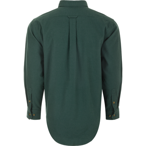 A green houndstooth shirt with buttons, perfect for cool weather. Features a button-down collar, back box pleat, and chest pockets.