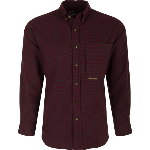 Autumn Brushed Twill Houndstooth Shirt: A long-sleeved shirt with a button-down collar, patch pocket, and hidden zippered chest pocket.