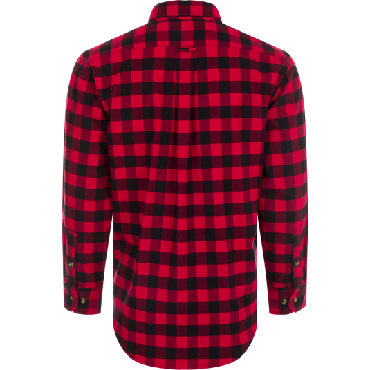 Autumn Brushed Twill Buffalo Plaid Long Sleeve Shirt, a classic button-down collar shirt made of 100% brushed cotton twill. Features include a back pleat with locker loop, open patch left chest pocket, and hidden zippered vertical left chest pocket.