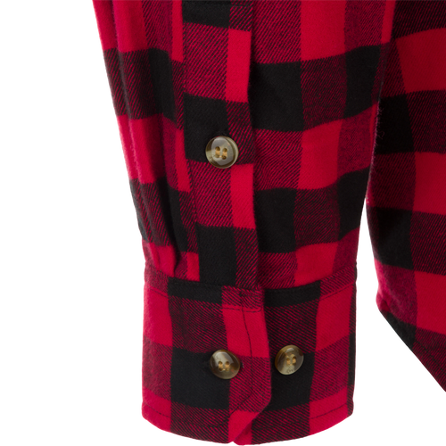 Autumn Brushed Twill Buffalo Plaid Long Sleeve Shirt, a close up of a red and black flannel shirt with button details.