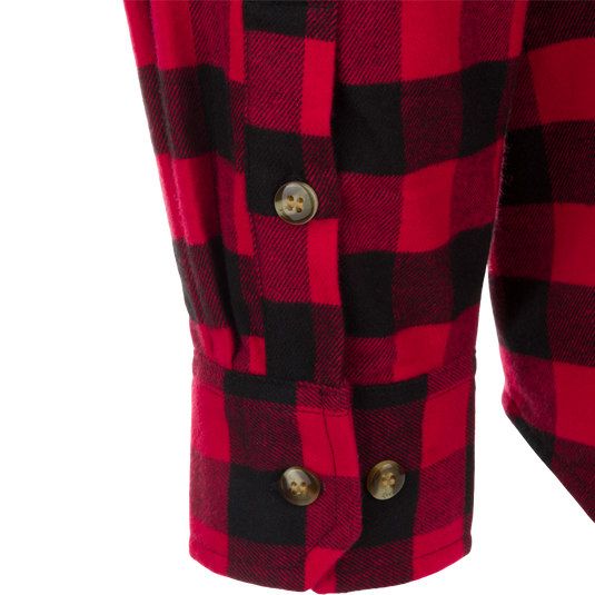 Autumn Brushed Twill Buffalo Plaid Long Sleeve Shirt, a close up of a red and black flannel shirt with button details.