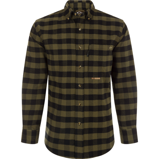 Autumn Brushed Twill Buffalo Plaid Shirt with classic collar, back pleat, and chest pockets.