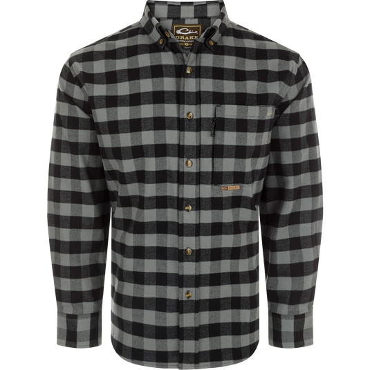 Autumn Brushed Twill Buffalo Plaid Long Sleeve Shirt with classic collar, back pleat, and chest pockets.