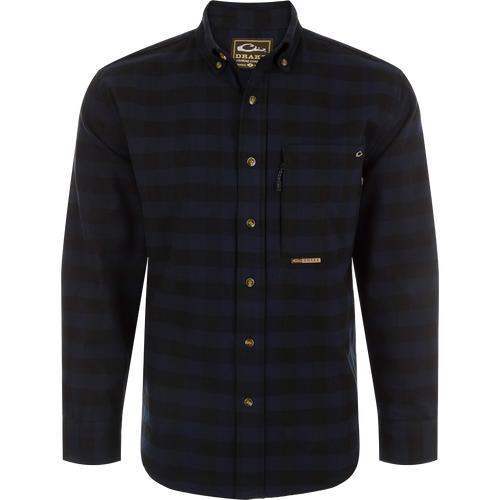 Autumn Brushed Twill Buffalo Plaid Long Sleeve Shirt with button-down collar, chest pockets, and hidden zipper.