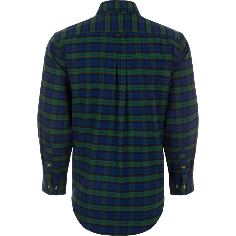Autumn Brushed Twill Plaid Long Sleeve Shirt, a sophisticated midweight shirt with a classic button-down collar and traditional pleat. Features open and zippered chest pockets for valuables.