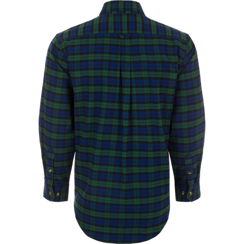 Autumn Brushed Twill Plaid Long Sleeve Shirt, a sophisticated midweight shirt with a classic button-down collar and traditional pleat. Features open and zippered chest pockets for valuables.