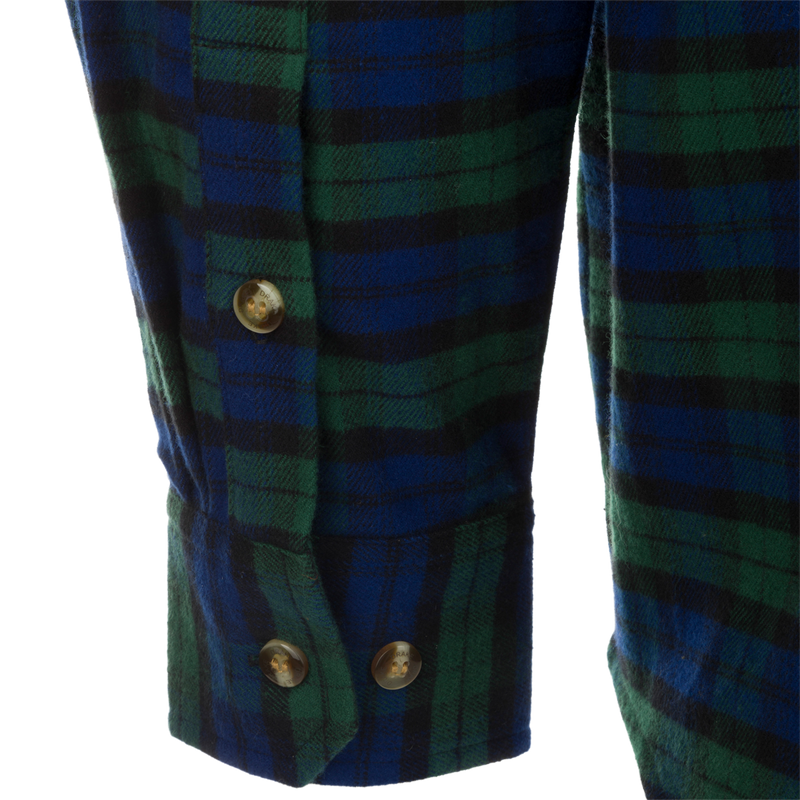 A close-up of the Autumn Brushed Twill Plaid Long Sleeve Shirt, showcasing its classic button-down collar, back box pleat, and chest pockets.