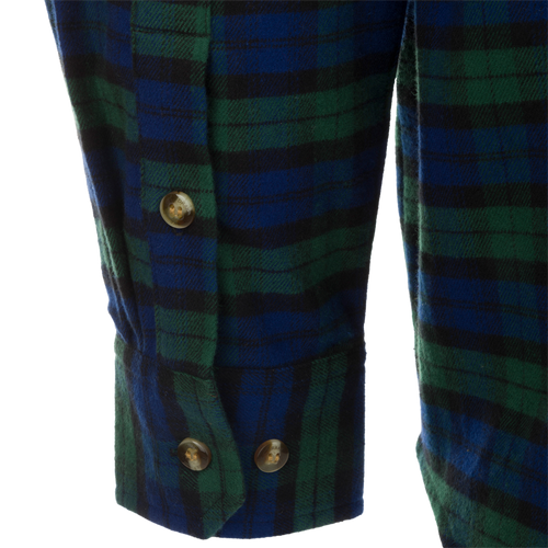 A close-up of the Autumn Brushed Twill Plaid Long Sleeve Shirt, showcasing its classic button-down collar, back box pleat, and chest pockets.