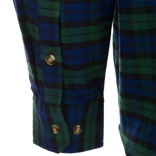 A close-up of the Autumn Brushed Twill Plaid Long Sleeve Shirt, showcasing its classic button-down collar, back box pleat, and chest pockets.