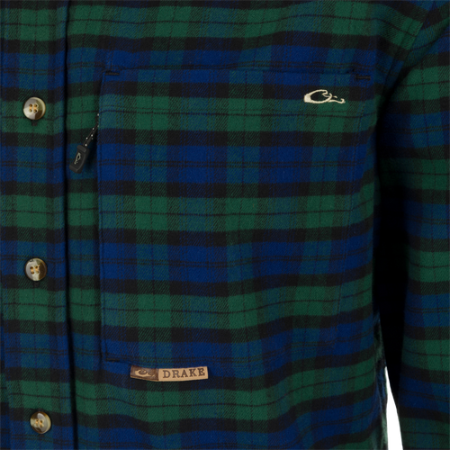 Autumn Brushed Twill Plaid Long Sleeve Shirt, close-up of shirt with button details and hidden zippered pocket.