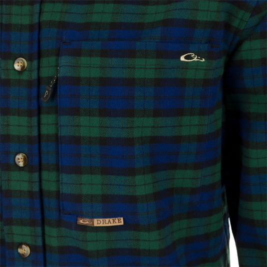 Autumn Brushed Twill Plaid Long Sleeve Shirt, close-up of shirt with button details and hidden zippered pocket.