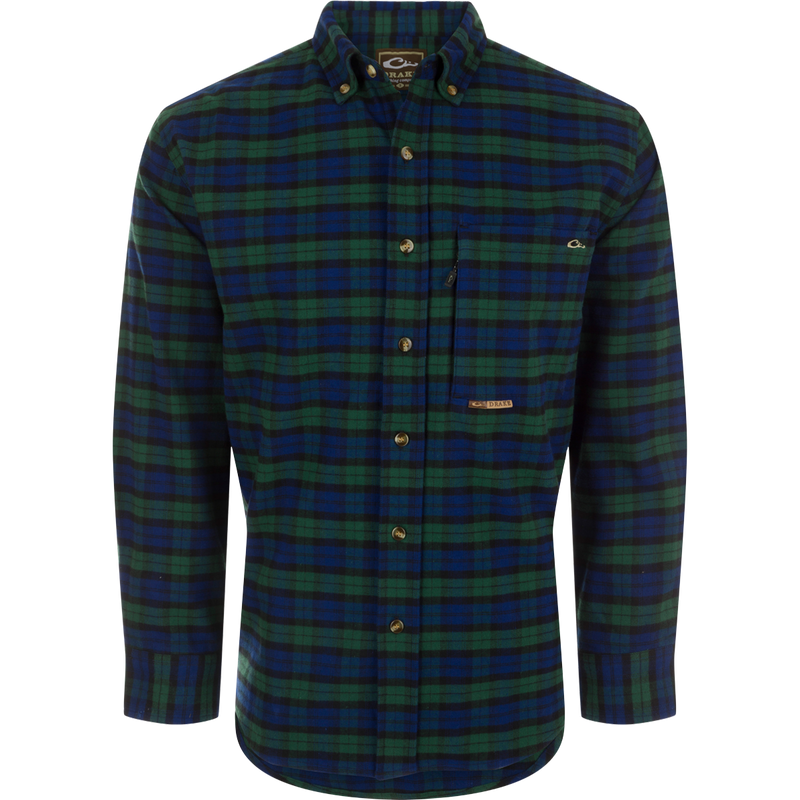 Autumn Brushed Twill Plaid Long Sleeve Shirt featuring classic collar, back box pleat, and chest pockets. Sophisticated and refined.