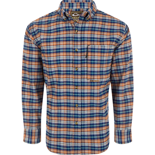 Autumn Brushed Twill Plaid Long Sleeve Shirt featuring classic collar, back box pleat, and chest pockets. Comfortable and refined.