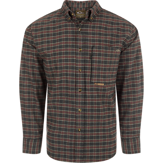 Autumn Brushed Twill Plaid Long Sleeve Shirt with classic collar, back box pleat, and chest pockets. Sophisticated and refined.