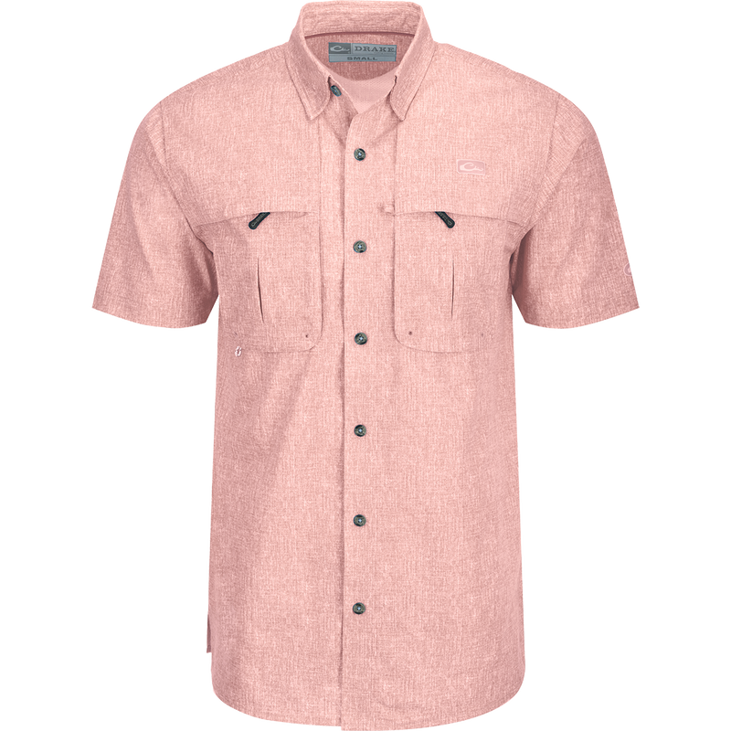 Heritage Heather Shirt S/S: A pink shirt with pockets, hidden button-down collar, and vented cape back for natural cooling and comfort.