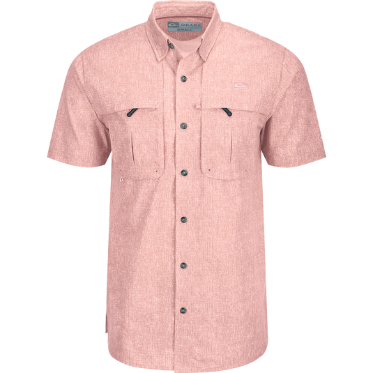 Heritage Heather Shirt S/S: A pink shirt with pockets, hidden button-down collar, and vented cape back for natural cooling and comfort.