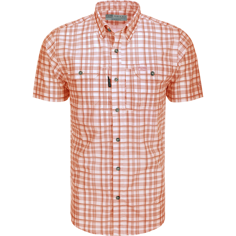 Hunter Creek Window Pane Plaid Shirt S/S: A lightweight, moisture-wicking shirt with hidden button-down collar, vented back, and chest pockets with zipper and Magnattach closure.