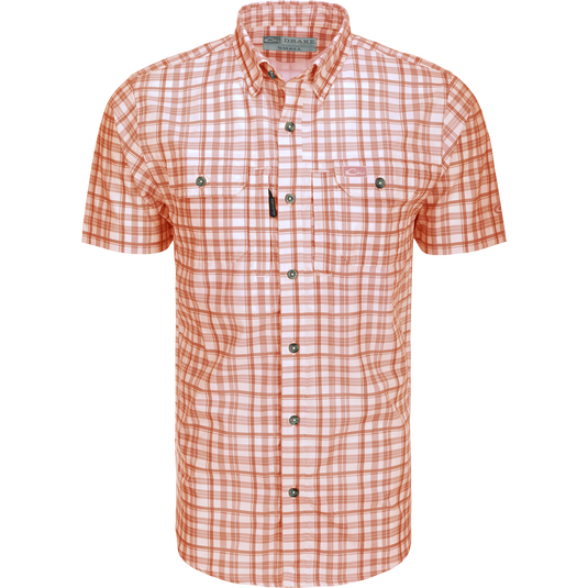Hunter Creek Window Pane Plaid Shirt S/S: A lightweight, moisture-wicking shirt with hidden button-down collar, vented back, and chest pockets with zipper and Magnattach closure.