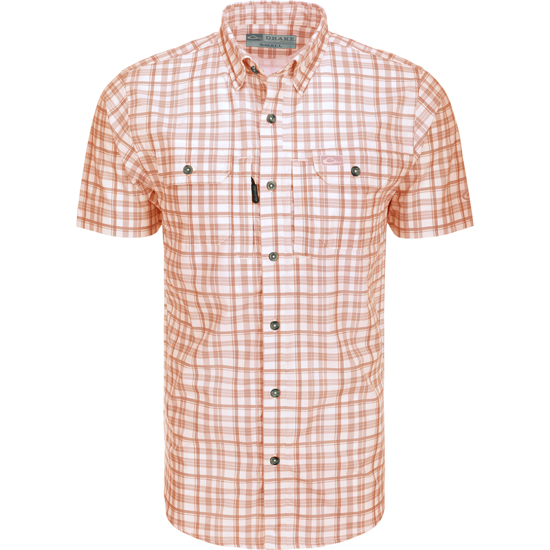 Drake Hunter Creek Window Pane Plaid Short Sleeve Shirt with ventilated back, buttoned chest pockets, and hidden sunglass wipe, ideal for outdoor activities.
