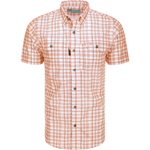 Drake Hunter Creek Window Pane Plaid Short Sleeve Shirt with ventilated back, buttoned chest pockets, and hidden sunglass wipe, ideal for outdoor activities.