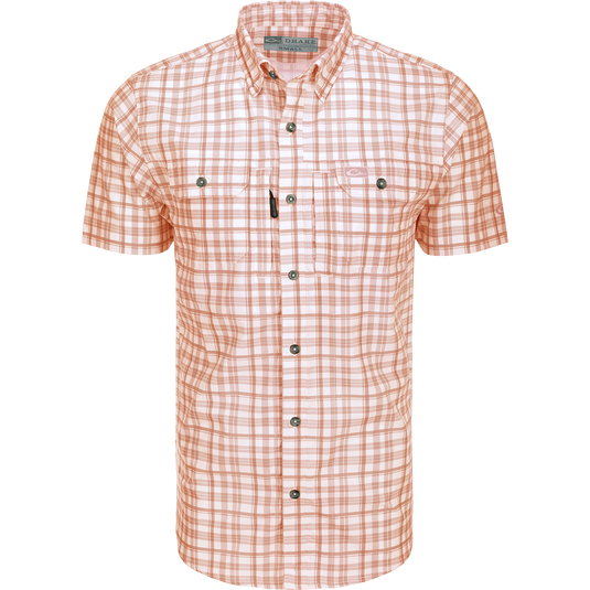 Drake Hunter Creek Window Pane Plaid Short Sleeve Shirt with ventilated back, buttoned chest pockets, and hidden sunglass wipe, ideal for outdoor activities.