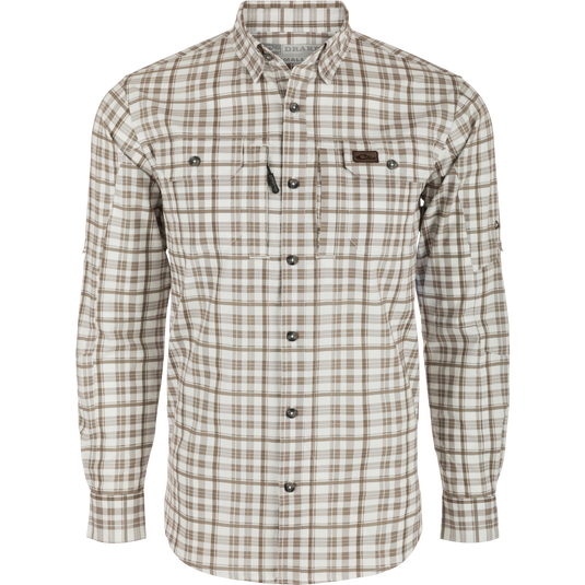 A high-performance Hunter Creek Window Pane Plaid Shirt L/S by Purewhitelaneshop, featuring micro-mesh fabric for cooling, UPF30 sun protection, hidden collar, chest pockets, and sculpted hem with sunglass wipe.