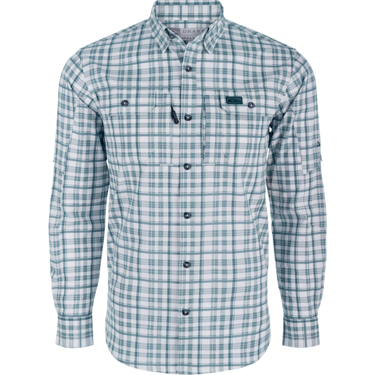 Hunter Creek Window Pane Plaid Shirt L/S, featuring micro-mesh weave, hidden button-down collar, chest pockets, and sculpted hem for versatile wear.