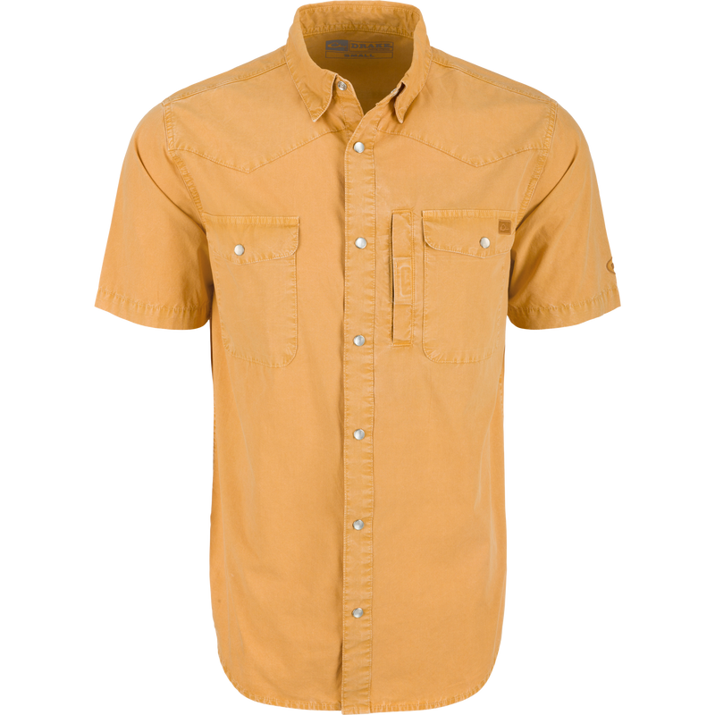 Cinco Ranch Western Acid Washed Short Sleeve Shirt with faux pearl snaps, hidden button-down collar, and vented back cape. Ideal for versatile wear.