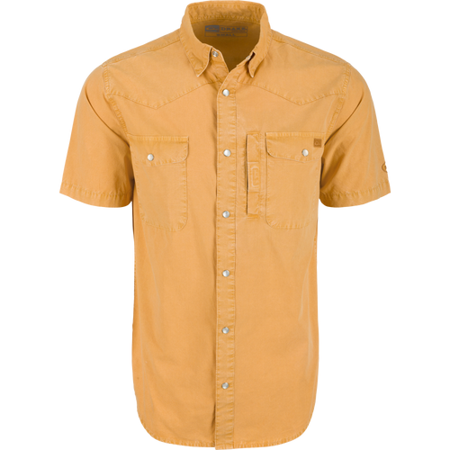 Cinco Ranch Western Acid Washed Short Sleeve Shirt with faux pearl snaps, hidden button-down collar, and vented back cape. Ideal for versatile wear.