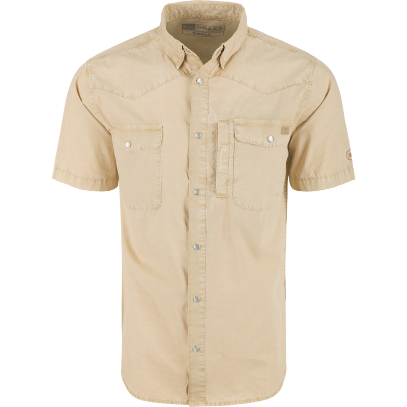 Cinco Ranch Western Acid Washed Short Sleeve Shirt with faux pearl snaps, vented back, and hidden button-down collar, ideal for casual and hunting wear.