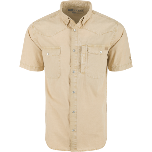Cinco Ranch Western Acid Washed Short Sleeve Shirt with faux pearl snaps, vented back, and hidden button-down collar, ideal for casual and hunting wear.