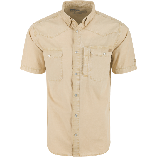 Cinco Ranch Western Acid Washed Short Sleeve Shirt with faux pearl snaps, vented back, and hidden button-down collar, ideal for casual and hunting wear.