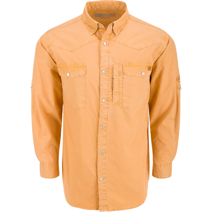 Cinco Ranch Western Solid Acid Wash Long Sleeve Shirt with western yoke, faux pearl snaps, and chest pockets, ideal for versatile casual or outdoor wear.