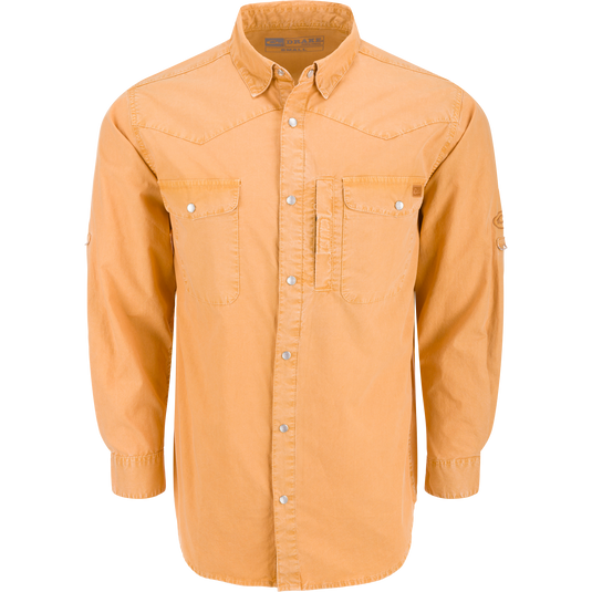 Cinco Ranch Western Solid Acid Wash Long Sleeve Shirt with western yoke, faux pearl snaps, and chest pockets, ideal for versatile casual or outdoor wear.