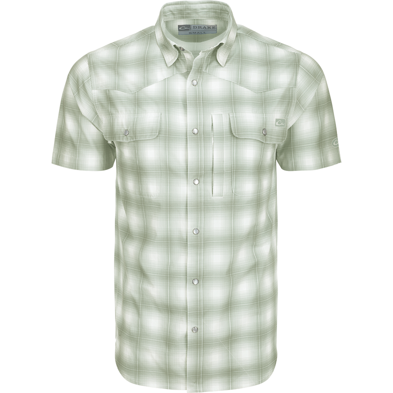 Cinco Ranch Western Plaid Shirt: A lightweight, moisture-wicking shirt with micro-mesh for natural cooling. Features include a hidden button-down collar, vented Western back, and two chest pockets with Magnattach closure. Perfect for hunting, fishing, or casual wear.