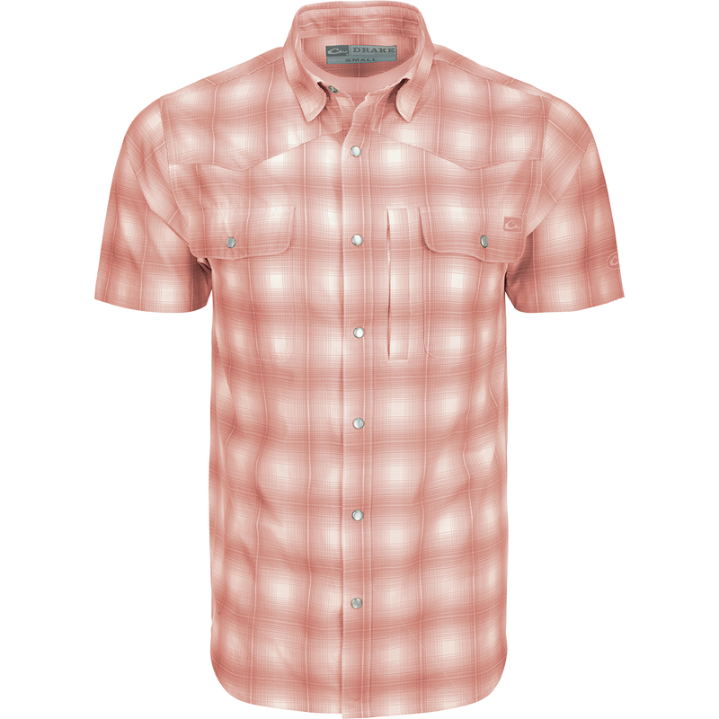 Alt text: Drake Cinco Ranch Western Plaid Shirt S/S with micro-mesh, faux pearl snaps, and vented back for hunting and outdoor activities.