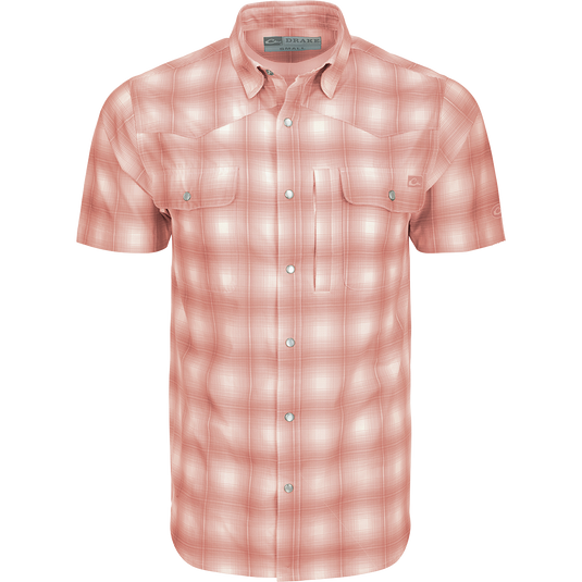 Alt text: Drake Cinco Ranch Western Plaid Shirt S/S with micro-mesh, faux pearl snaps, and vented back for hunting and outdoor activities.