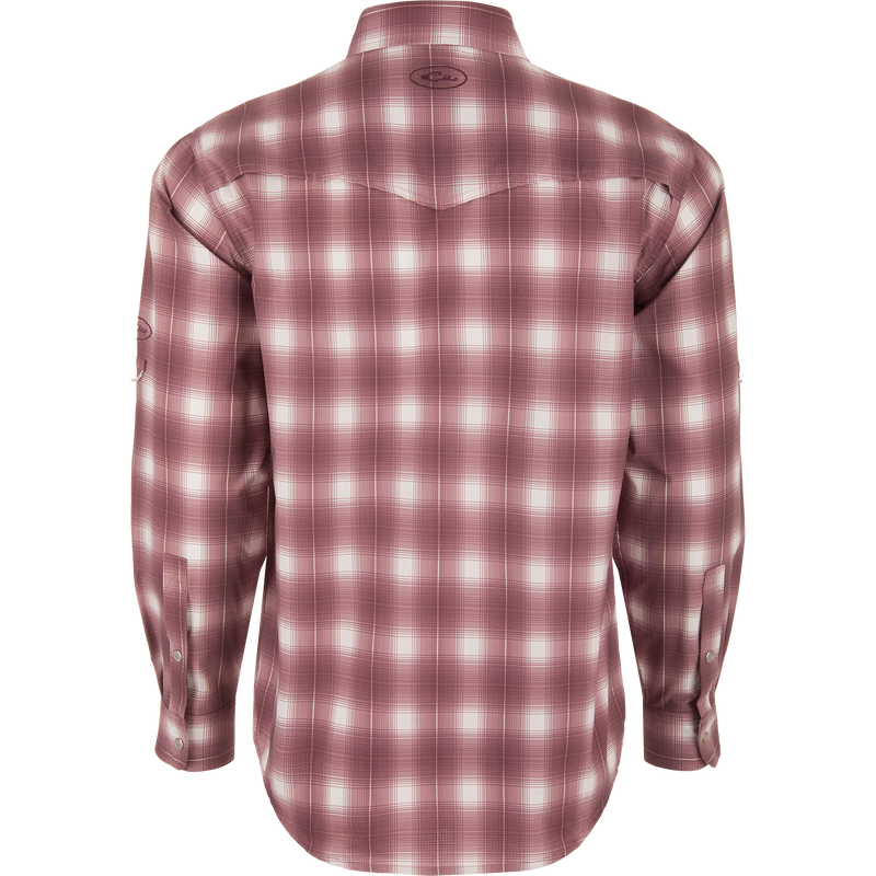 Cinco Ranch Western Plaid Long Sleeve Shirt, featuring a western back cape and two snap chest pockets, showcasing its intricate red and white plaid pattern.